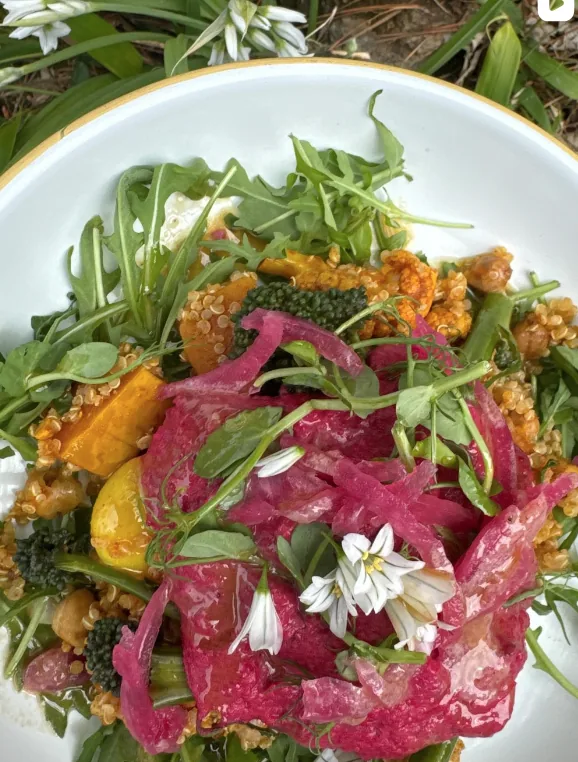 Colourful salad with quinoa, squash, and pickled onion